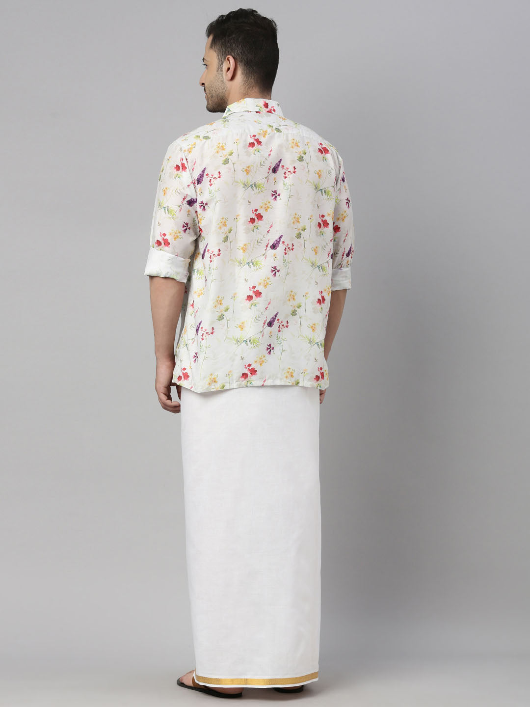 Vastramay Men's Multicolor-Base-Cream Muslin Ethnic Shirt And Mundu Set - Distacart