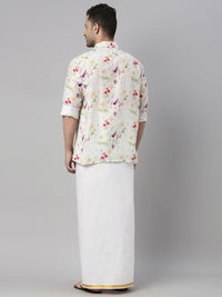 Thumbnail for Vastramay Men's Multicolor-Base-Cream Muslin Ethnic Shirt And Mundu Set - Distacart