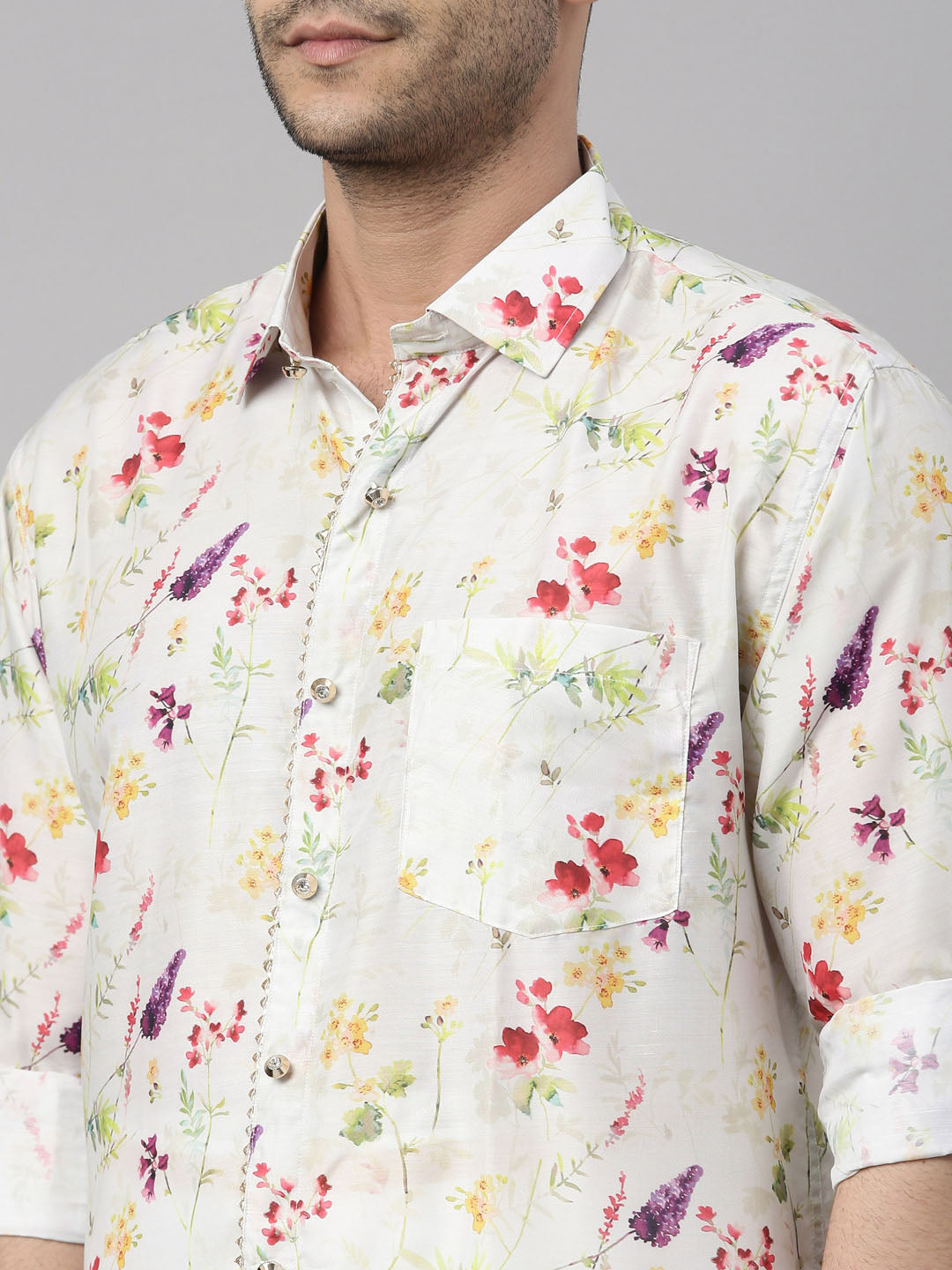 Vastramay Men's Multicolor-Base-Cream Muslin Ethnic Shirt And Mundu Set - Distacart