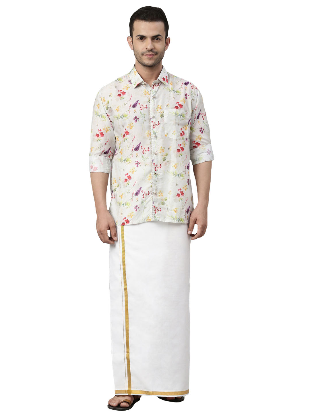 Vastramay Men's Multicolor-Base-Cream Muslin Ethnic Shirt And Mundu Set - Distacart