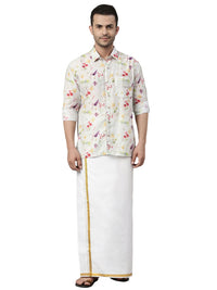 Thumbnail for Vastramay Men's Multicolor-Base-Cream Muslin Ethnic Shirt And Mundu Set - Distacart
