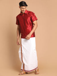 Thumbnail for VM by Vastramay Men's Maroon And White Silk Blend Shirt And Mundu - Distacart