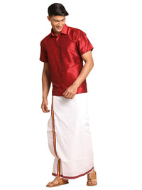 Thumbnail for VM by Vastramay Men's Maroon And White Silk Blend Shirt And Mundu - Distacart