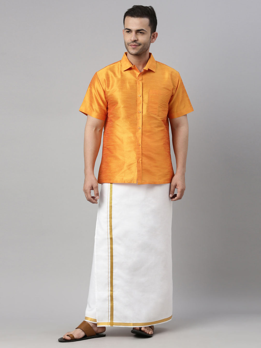 VM by Vastramay Men's Orange And White Silk Blend Shirt And Mundu - Distacart
