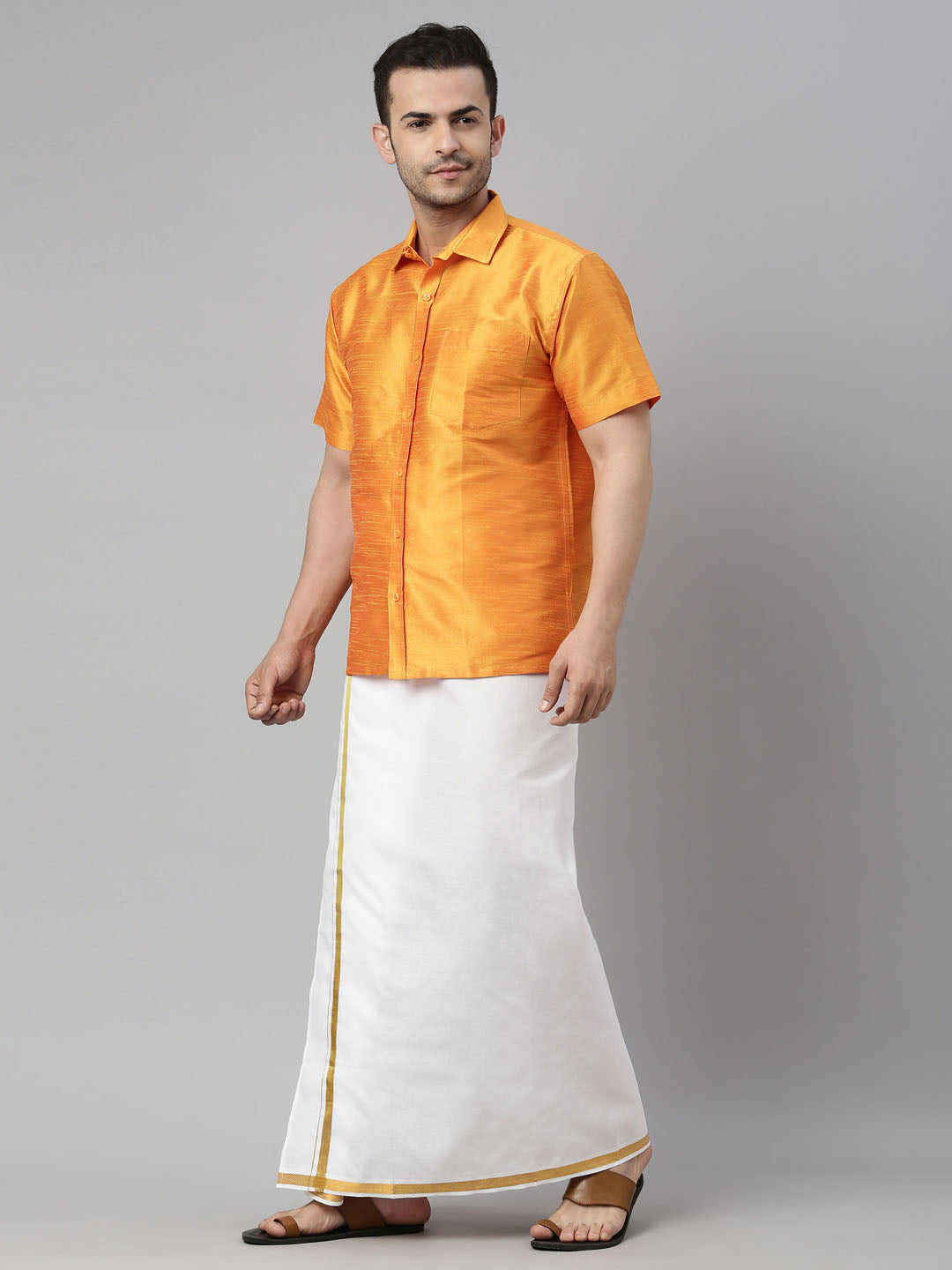 VM by Vastramay Men's Orange And White Silk Blend Shirt And Mundu - Distacart