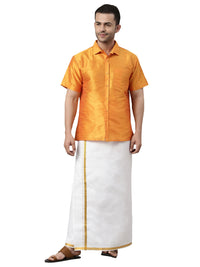 Thumbnail for VM by Vastramay Men's Orange And White Silk Blend Shirt And Mundu - Distacart