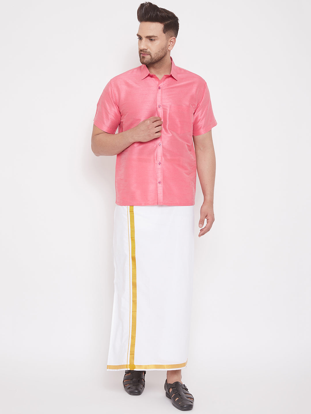 VM by Vastramay Men's Pink And White Silk Blend Shirt And Mundu - Distacart