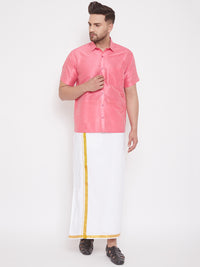 Thumbnail for VM by Vastramay Men's Pink And White Silk Blend Shirt And Mundu - Distacart