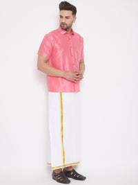 Thumbnail for VM by Vastramay Men's Pink And White Silk Blend Shirt And Mundu - Distacart
