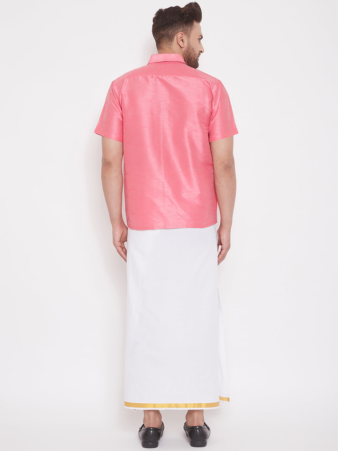 VM by Vastramay Men's Pink And White Silk Blend Shirt And Mundu - Distacart