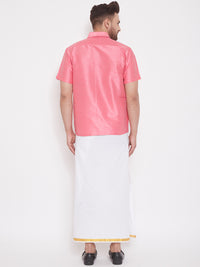 Thumbnail for VM by Vastramay Men's Pink And White Silk Blend Shirt And Mundu - Distacart