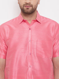 Thumbnail for VM by Vastramay Men's Pink And White Silk Blend Shirt And Mundu - Distacart