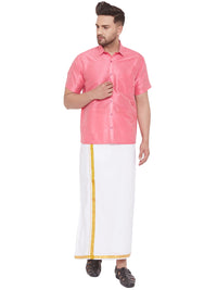 Thumbnail for VM by Vastramay Men's Pink And White Silk Blend Shirt And Mundu - Distacart