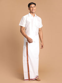 Thumbnail for VM by Vastramay Men's White Silk Blend Shirt And Mundu - Distacart
