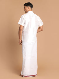 Thumbnail for VM by Vastramay Men's White Silk Blend Shirt And Mundu - Distacart