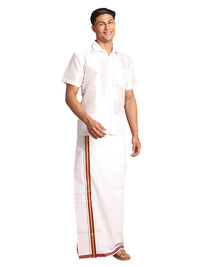 Thumbnail for VM by Vastramay Men's White Silk Blend Shirt And Mundu - Distacart