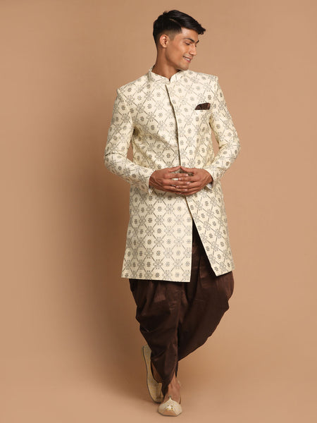 Vastramay Men's Beige And Coffee Brown Silk Blend Sherwani Set - Distacart