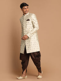 Thumbnail for Vastramay Men's Beige And Coffee Brown Silk Blend Sherwani Set - Distacart