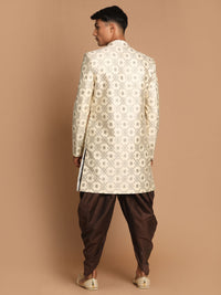 Thumbnail for Vastramay Men's Beige And Coffee Brown Silk Blend Sherwani Set - Distacart