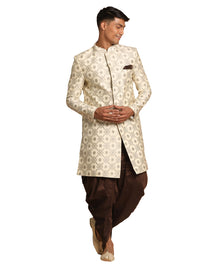 Thumbnail for Vastramay Men's Beige And Coffee Brown Silk Blend Sherwani Set - Distacart