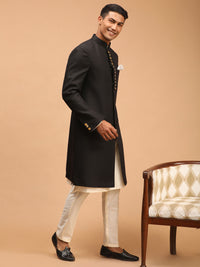 Thumbnail for Vastramay Men's Black And Cream Viscose Sherwani Set - Distacart