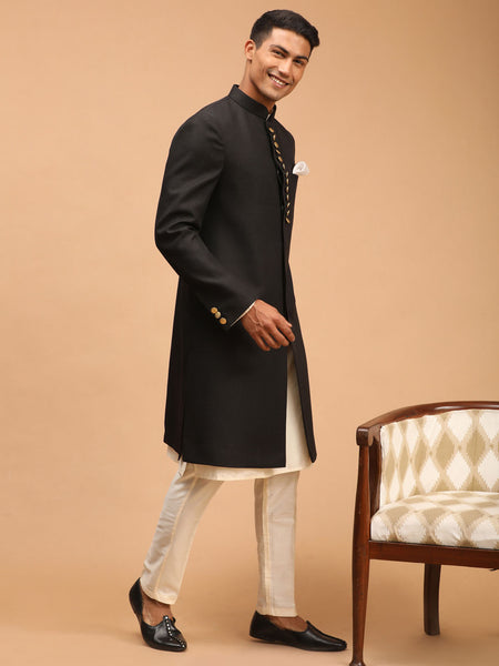 Vastramay Men's Black And Cream Viscose Sherwani Set - Distacart