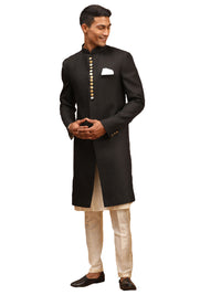 Thumbnail for Vastramay Men's Black And Cream Viscose Sherwani Set - Distacart