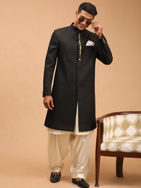 Thumbnail for Vastramay Men's Black And Cream Viscose Sherwani Set - Distacart