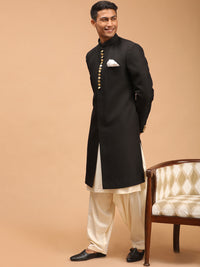 Thumbnail for Vastramay Men's Black And Cream Viscose Sherwani Set - Distacart