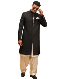 Thumbnail for Vastramay Men's Black And Cream Viscose Sherwani Set - Distacart