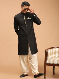 Thumbnail for Vastramay Men's Black And Cream Viscose Sherwani Set - Distacart