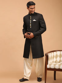 Thumbnail for Vastramay Men's Black And Cream Viscose Sherwani Set - Distacart