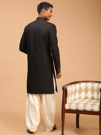 Thumbnail for Vastramay Men's Black And Cream Viscose Sherwani Set - Distacart