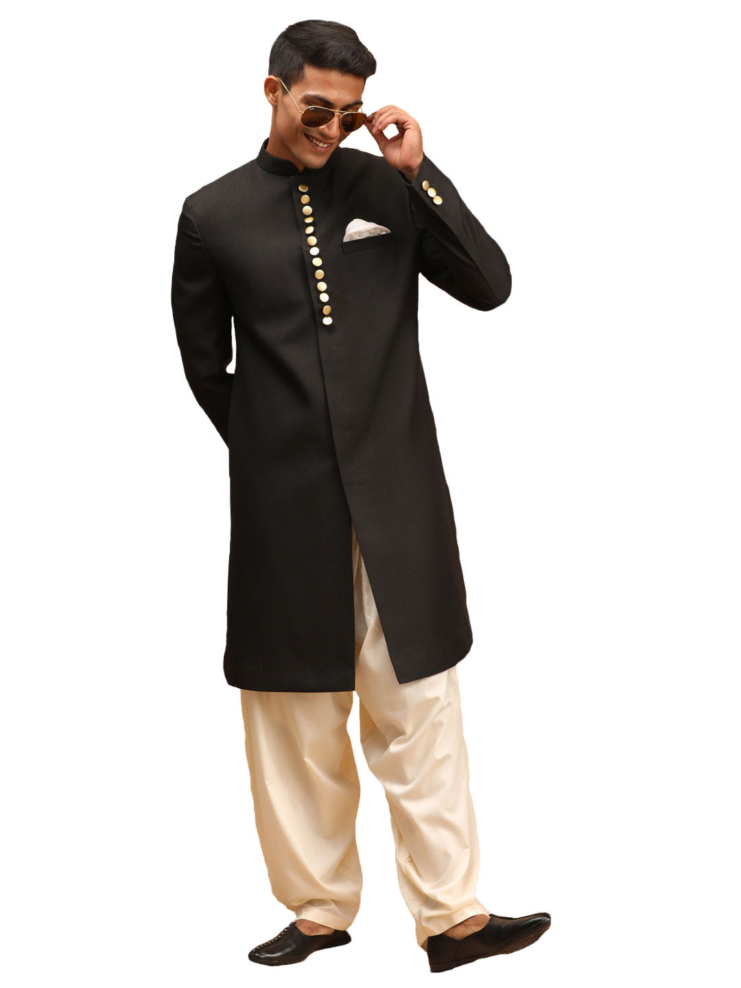 Vastramay Men's Black And Cream Viscose Sherwani Set - Distacart