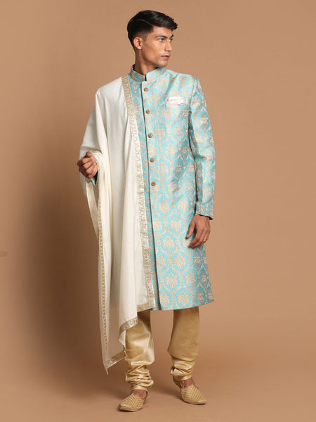 Vastramay Men's Aqua And Gold Silk Blend Sherwani Set - Distacart