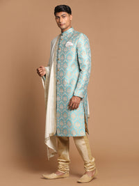 Thumbnail for Vastramay Men's Aqua And Gold Silk Blend Sherwani Set - Distacart