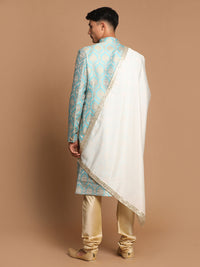 Thumbnail for Vastramay Men's Aqua And Gold Silk Blend Sherwani Set - Distacart