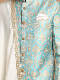 Thumbnail for Vastramay Men's Aqua And Gold Silk Blend Sherwani Set - Distacart