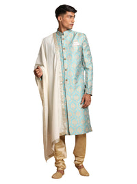 Thumbnail for Vastramay Men's Aqua And Gold Silk Blend Sherwani Set - Distacart