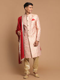 Thumbnail for Vastramay Men's Pink, Maroon And Gold Silk Blend Sherwani Set - Distacart