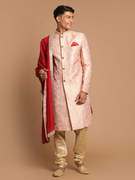 Vastramay Men's Pink, Maroon And Gold Silk Blend Sherwani Set - Distacart