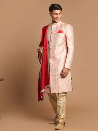 Thumbnail for Vastramay Men's Pink, Maroon And Gold Silk Blend Sherwani Set - Distacart