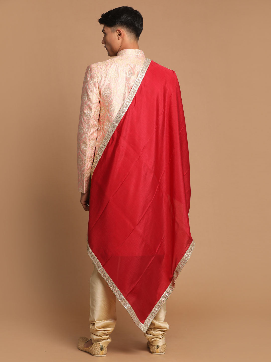 Vastramay Men's Pink, Maroon And Gold Silk Blend Sherwani Set - Distacart