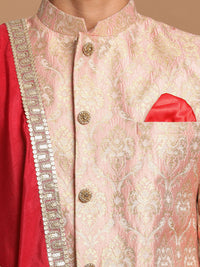 Thumbnail for Vastramay Men's Pink, Maroon And Gold Silk Blend Sherwani Set - Distacart