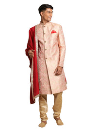 Thumbnail for Vastramay Men's Pink, Maroon And Gold Silk Blend Sherwani Set - Distacart