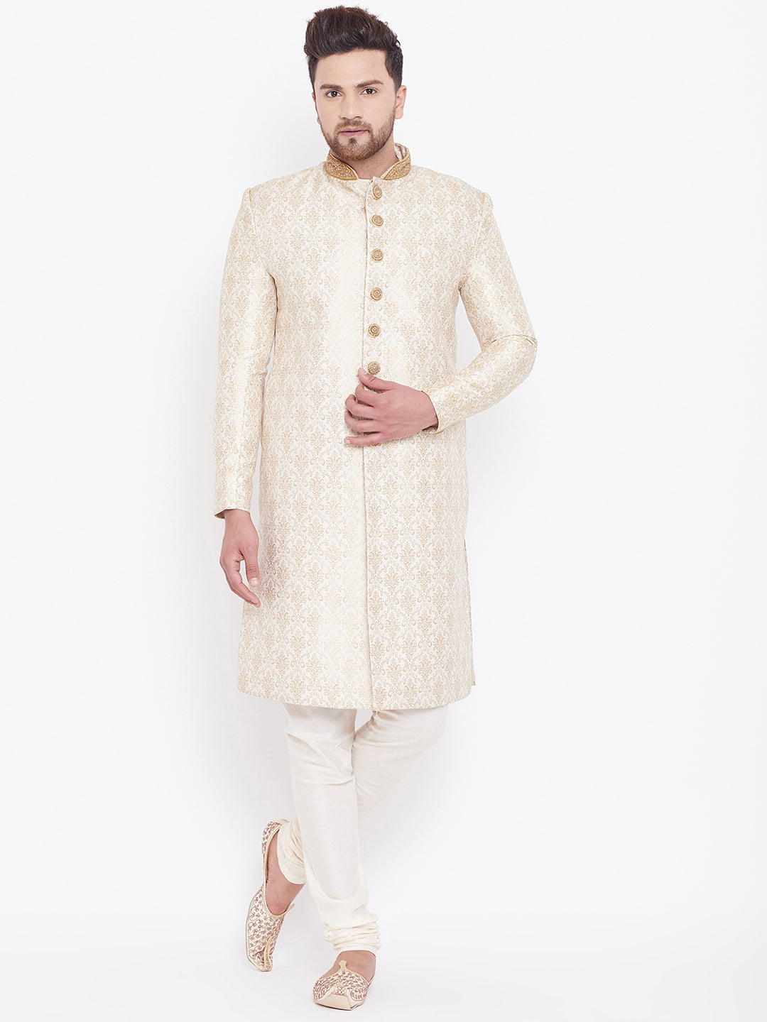 Vastramay Men's Beige And Gold Silk Blend Sherwani Set - Distacart
