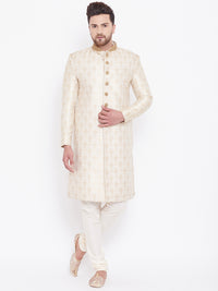 Thumbnail for Vastramay Men's Beige And Gold Silk Blend Sherwani Set - Distacart