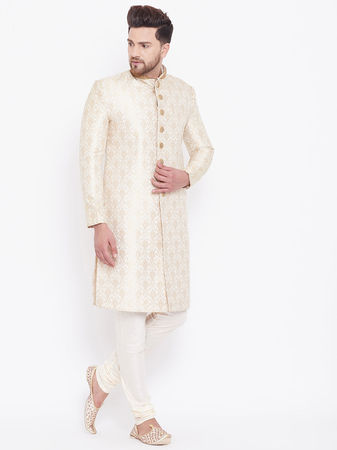 Vastramay Men's Beige And Gold Silk Blend Sherwani Set - Distacart