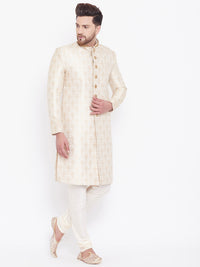 Thumbnail for Vastramay Men's Beige And Gold Silk Blend Sherwani Set - Distacart