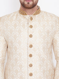 Thumbnail for Vastramay Men's Beige And Gold Silk Blend Sherwani Set - Distacart